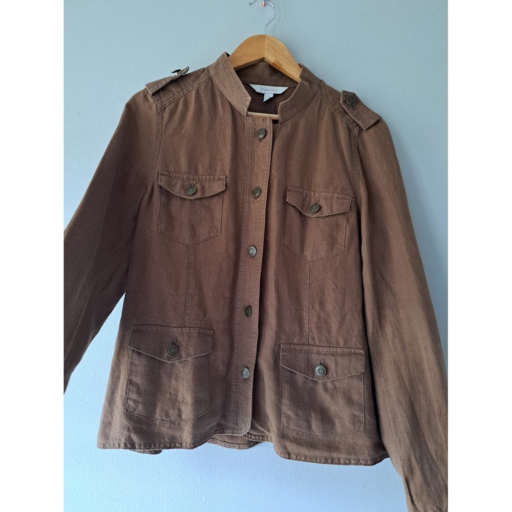 Relativity Womens Brown Linen Military Geometric Pockets Light Jacket Size Mediu - Picture 2 of 8